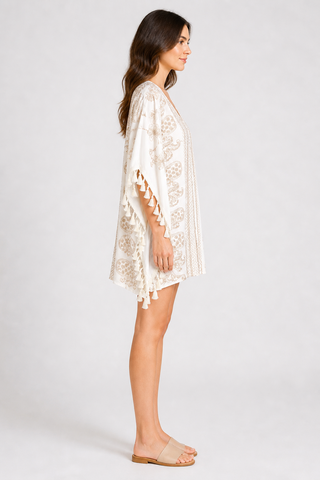 Paisley & Floral Pattern Embroidered Poncho W/ Tassels