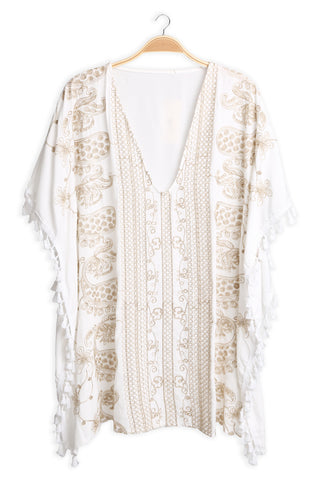 Paisley & Floral Pattern Embroidered Poncho W/ Tassels