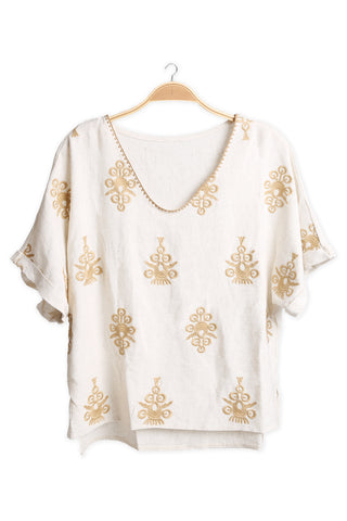 EMBROIDERED V-NECK LINEN SHIRT
