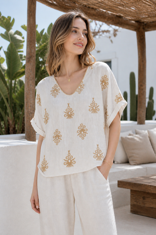 Linen Boho Pattern Embroidered Shirt