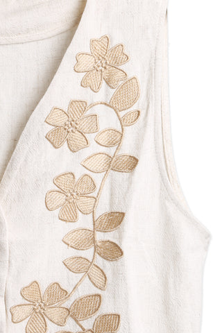 Linen Floral Pattern Embroidered Vest W/ Button Closure