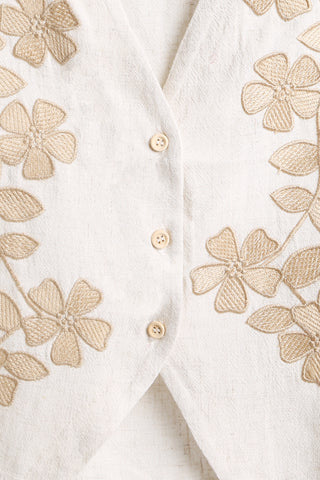Linen Floral Pattern Embroidered Vest W/ Button Closure