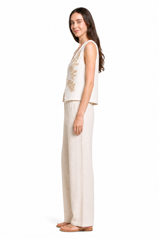 Linen Floral Pattern Embroidered Vest W/ Button Closure