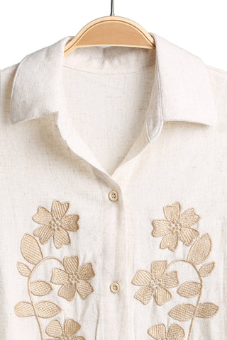 Linen Floral Pattern Embroidered Long Shirt W/ Button Closure
