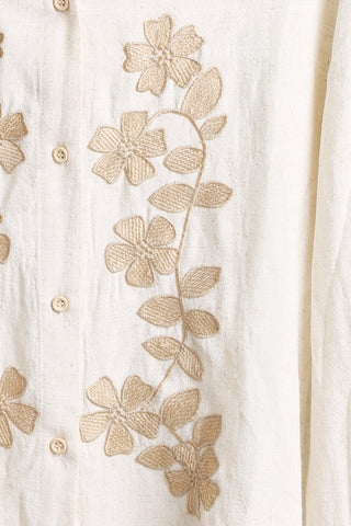 Linen Floral Pattern Embroidered Long Shirt W/ Button Closure