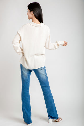 Floral Embroidered Collared Long Sleeve Linen Shirt w Buttons