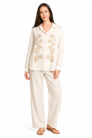 Linen Floral Pattern Embroidered Long Shirt W/ Button Closure