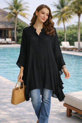 Solid Collar Oversized Flared Sleeve Shirt