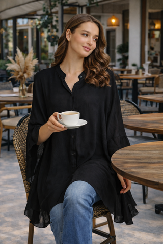 Solid Collar Oversized Flared Sleeve Shirt