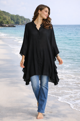 Solid Collar Oversized Flared Sleeve Shirt