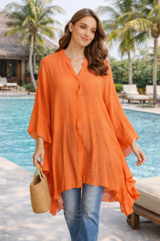Solid Collar Oversized Flared Sleeve Shirt