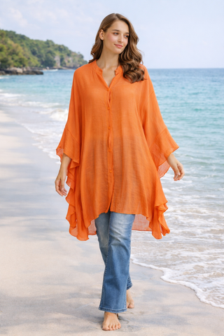 Solid Collar Oversized Flared Sleeve Shirt