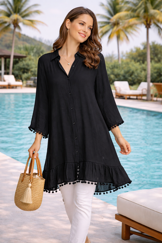 Solid Collar Oversized Batwing Sleeve Shirt