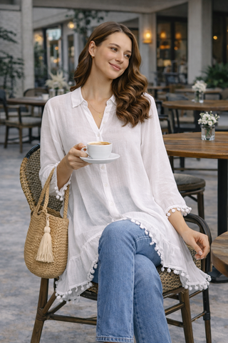 Solid Collar Oversized Batwing Sleeve Shirt