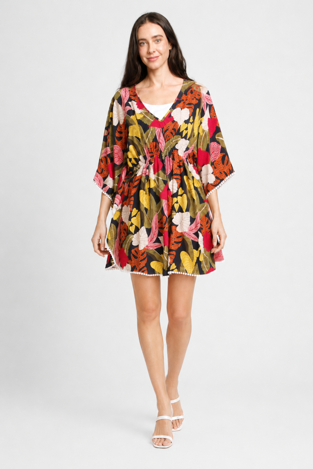 Mixed Leaves Pattern Cover-Up Dress W/ Crocheted Detailing