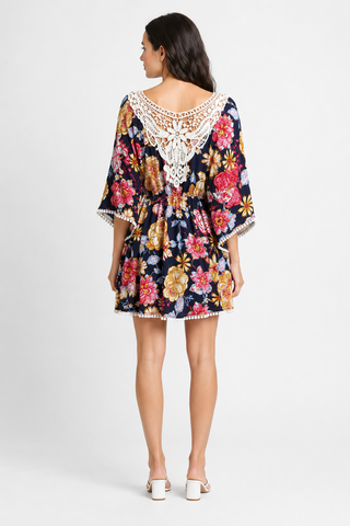 Mixed Floral Pattern Cover-Up Dress W/ Crocheted Detailing