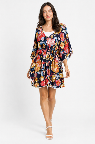 Mixed Floral Pattern Cover-Up Dress W/ Crocheted Detailing