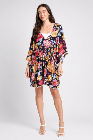 Mixed Floral Pattern Cover-Up Dress W/ Crocheted Detailing