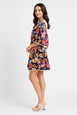 Mixed Floral Pattern Cover-Up Dress W/ Crocheted Detailing