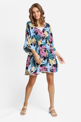 Palm Trees Pattern Cover-Up Dress W/ Crocheted Detailing