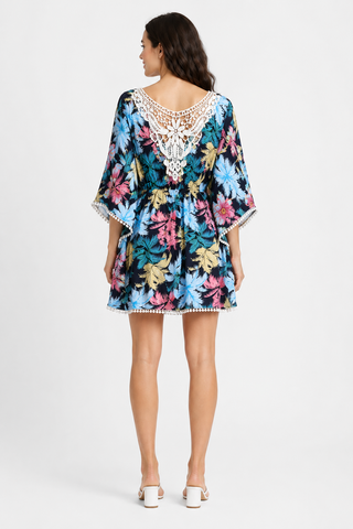Palm Trees Pattern Cover-Up Dress W/ Crocheted Detailing