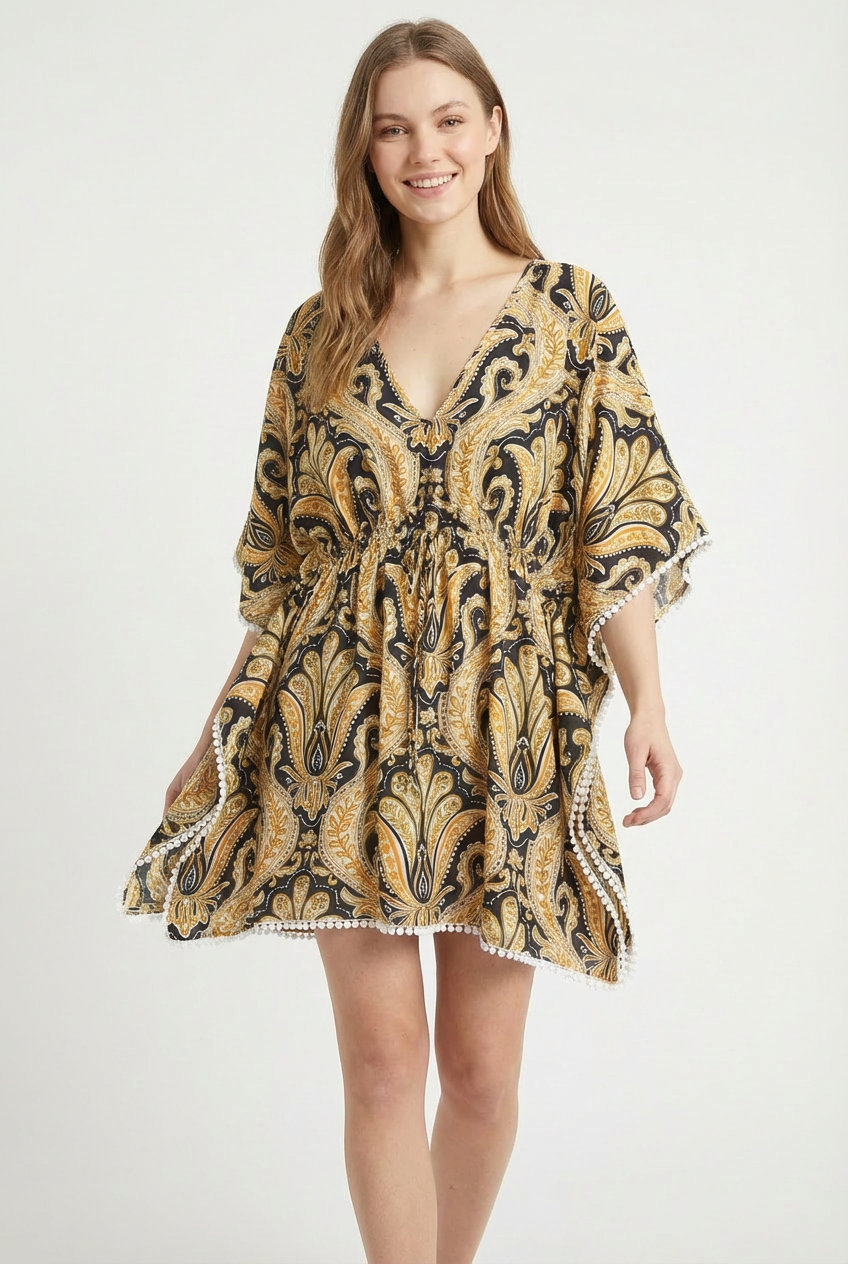 Mixed Pattern Cover-Up Dress W/ Crocheted Detailing