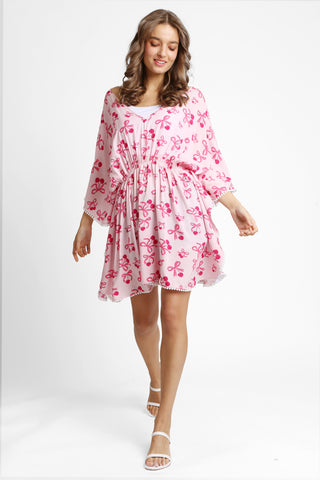 Ribbons & Cherries Pattern Cover-Up Dress W/ Crocheted Detailing