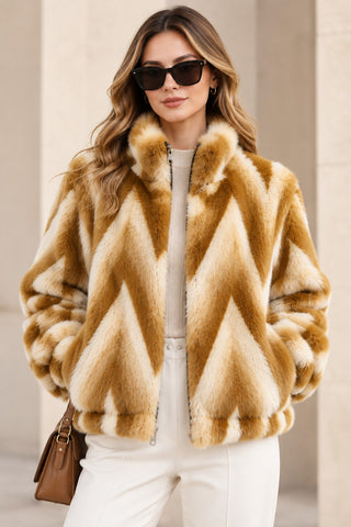 Chevron Pattern Faux Fur Jacket