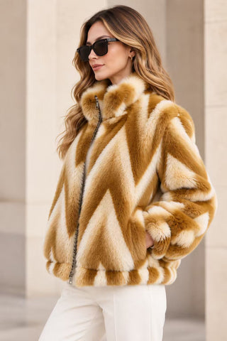 Chevron Pattern Faux Fur Jacket