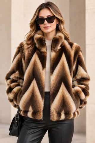 Chevron Pattern Faux Fur Jacket