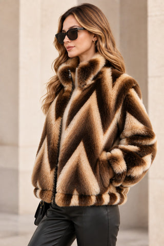 Chevron Pattern Faux Fur Jacket