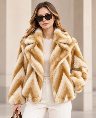 Chevron Pattern Faux Fur Jacket