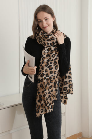 Leopard Pattern Oblong Scarf W/ Trim