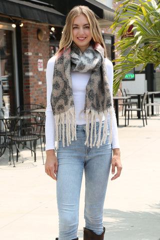 Color-Gradient Leopard Pattern Oblong Scarf W/ Fringe
