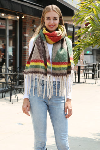 Multi-Colored Geometric Pattern Oblong Scarf W/ Fringe