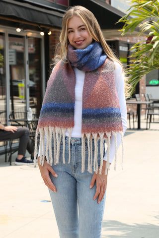 Multi-Colored Geometric Pattern Oblong Scarf W/ Fringe
