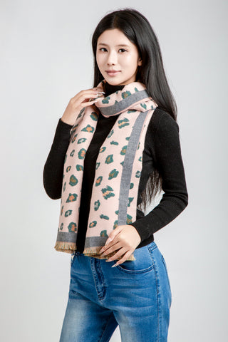 Leopard Pattern Oblong Scarf W/ Trim