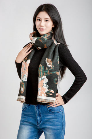 Floral Pattern Oblong Scarf W/ Trim