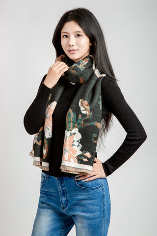Floral Pattern Oblong Scarf W/ Trim