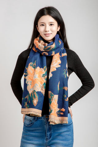 Floral Pattern Oblong Scarf W/ Trim