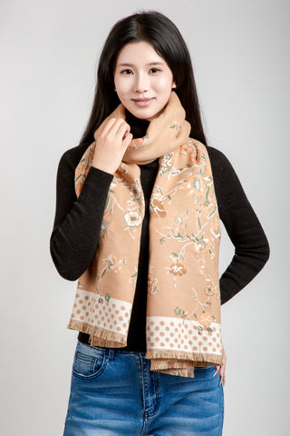 Floral & Polka Dot Pattern Oblong Scarf W/ Trim