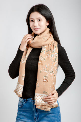 Floral & Polka Dot Pattern Oblong Scarf W/ Trim