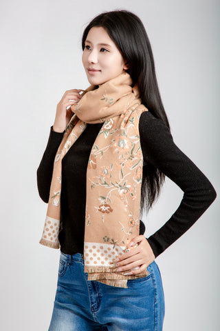 Floral & Polka Dot Pattern Oblong Scarf W/ Trim
