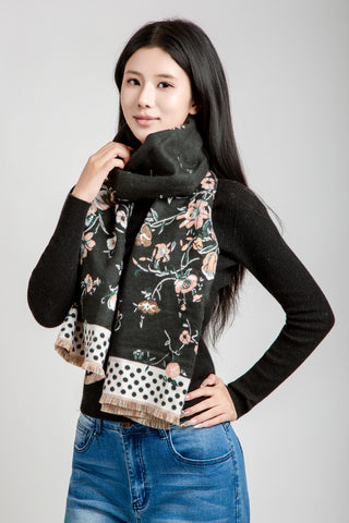 Floral & Polka Dot Pattern Oblong Scarf W/ Trim