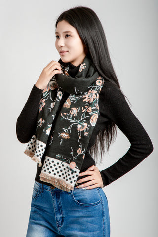 Floral & Polka Dot Pattern Oblong Scarf W/ Trim