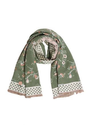 Floral & Polka Dot Pattern Oblong Scarf W/ Trim