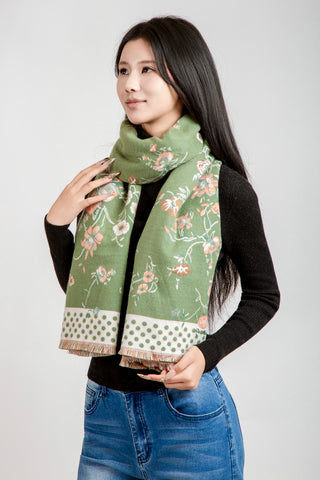 Floral & Polka Dot Pattern Oblong Scarf W/ Trim