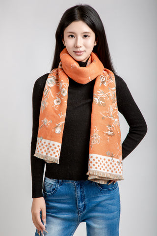 Floral & Polka Dot Pattern Oblong Scarf W/ Trim