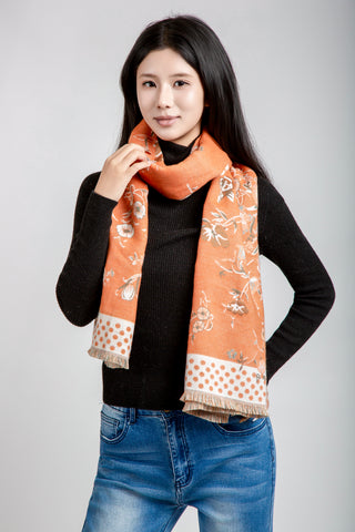 Floral & Polka Dot Pattern Oblong Scarf W/ Trim