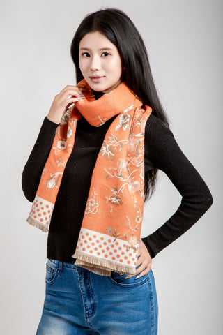 Floral & Polka Dot Pattern Oblong Scarf W/ Trim